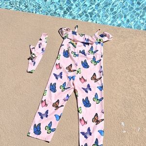 Pink Butterfly Print Sleevless Kids Jumpsuit